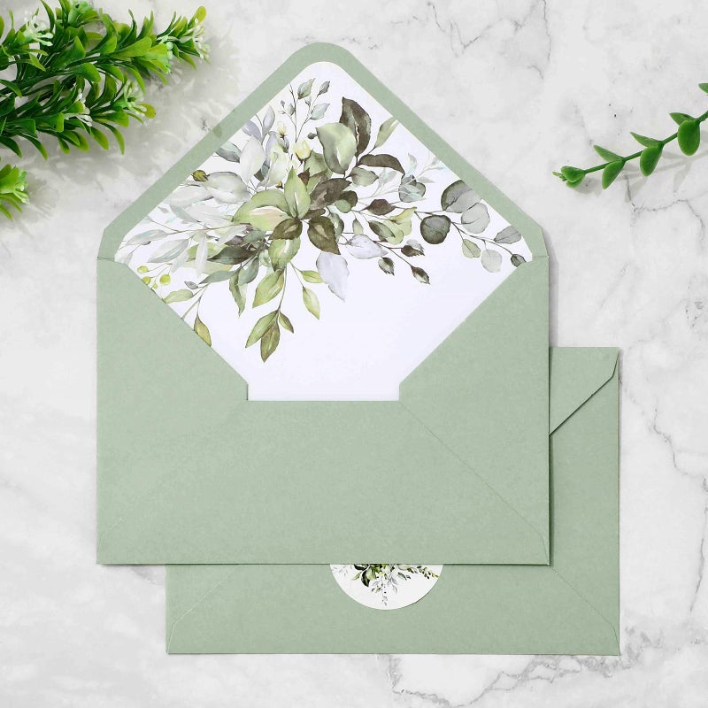Whaline 50Pcs Greenery Envelopes 5 x 7 Inch Watercolor Sage Green Eucalyptus Leaves Invitation Envelope with Sticker V-Flap Greeting Card Holders Gift Card Sleeves for Spring Wedding - Image 1
