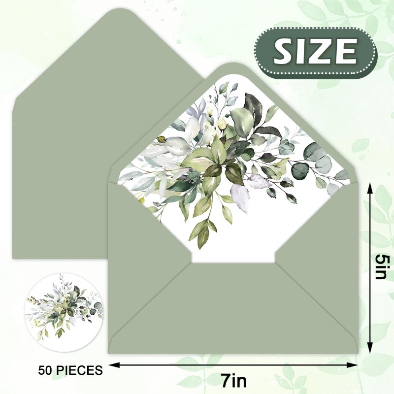 Whaline 50Pcs Greenery Envelopes 5 x 7 Inch Watercolor Sage Green Eucalyptus Leaves Invitation Envelope with Sticker V-Flap Greeting Card Holders Gift Card Sleeves for Spring Wedding - Image 2