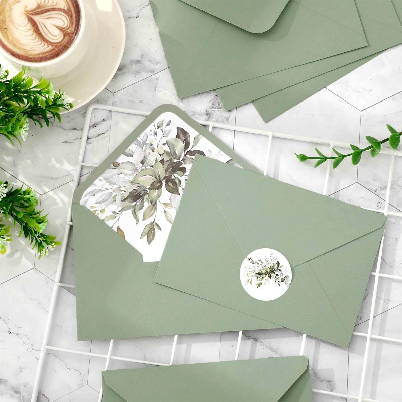 Whaline 50Pcs Greenery Envelopes 5 x 7 Inch Watercolor Sage Green Eucalyptus Leaves Invitation Envelope with Sticker V-Flap Greeting Card Holders Gift Card Sleeves for Spring Wedding - Image 5