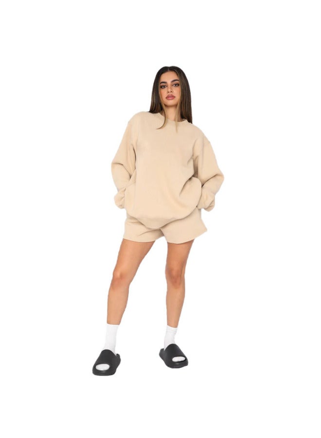 Autumn And Winter Solid Color Round Neck Pullover Long Sleeve Sweat Women's Fashion Casual Shorts Set - Image 4