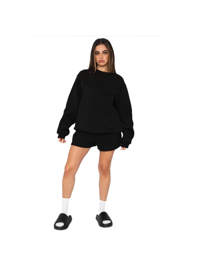 Autumn And Winter Solid Color Round Neck Pullover Long Sleeve Sweat Women's Fashion Casual Shorts Set - Image 2