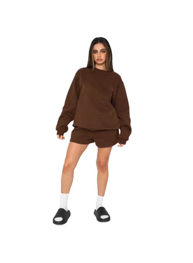 Autumn And Winter Solid Color Round Neck Pullover Long Sleeve Sweat Women's Fashion Casual Shorts Set - Image 5