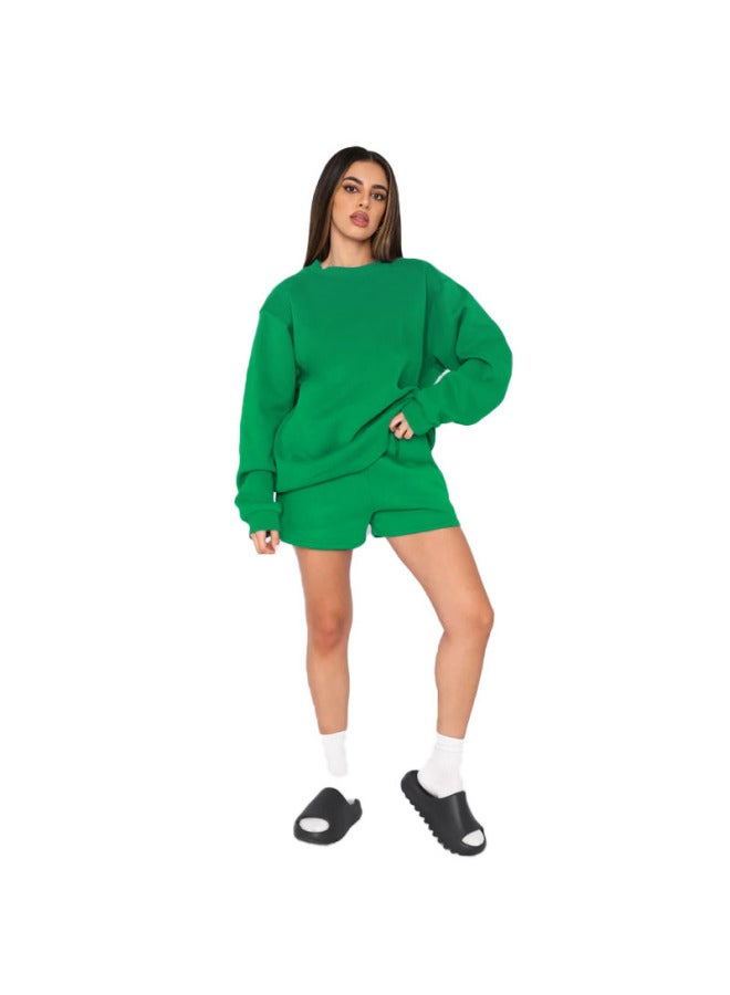 Autumn And Winter Solid Color Round Neck Pullover Long Sleeve Sweat Women's Fashion Casual Shorts Set - Image 3