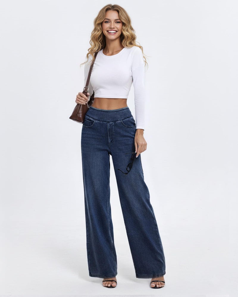 TONIRY Wide Leg Pull on Jeans for Women Petite High Waisted Straigh Leg Elastic Waist Jean Woman Tummy Control Stretchy Denim Pants 29 Inseam Good for Everyday Wear, Dark Blue, M - Image 3