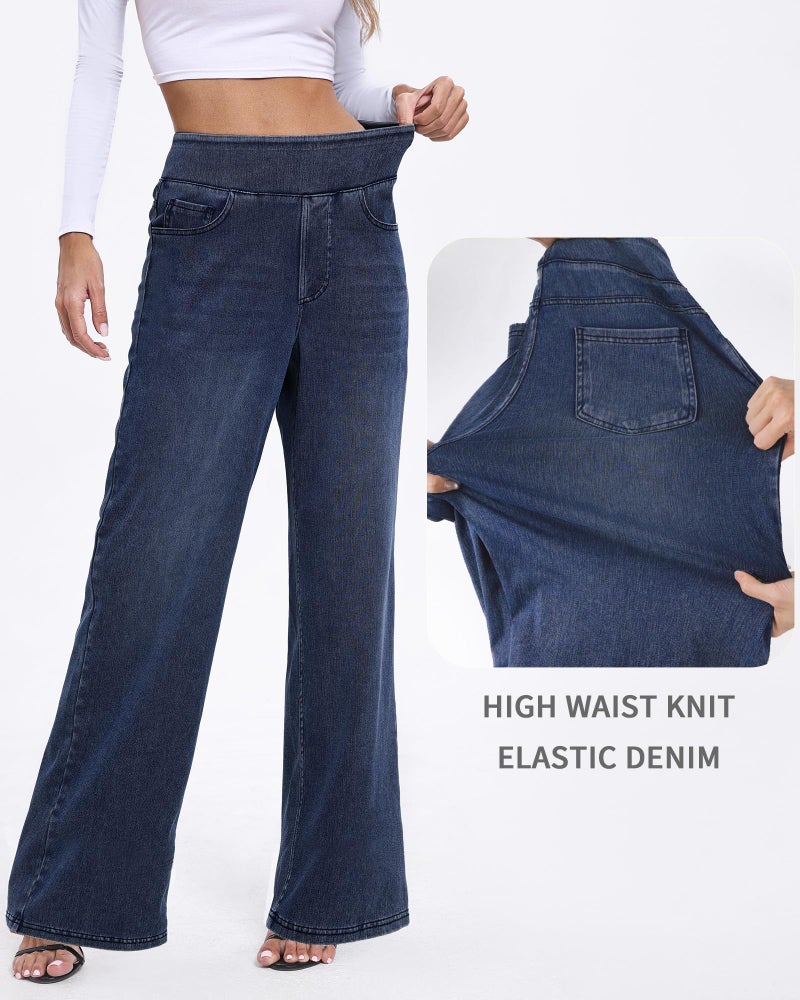TONIRY Wide Leg Pull on Jeans for Women Petite High Waisted Straigh Leg Elastic Waist Jean Woman Tummy Control Stretchy Denim Pants 29 Inseam Good for Everyday Wear, Dark Blue, M - Image 4
