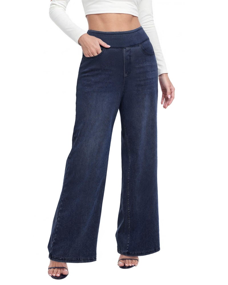 TONIRY Wide Leg Pull on Jeans for Women Petite High Waisted Straigh Leg Elastic Waist Jean Woman Tummy Control Stretchy Denim Pants 29 Inseam Good for Everyday Wear, Dark Blue, M - Image 1
