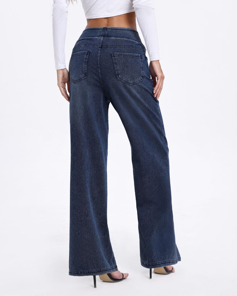 TONIRY Wide Leg Pull on Jeans for Women Petite High Waisted Straigh Leg Elastic Waist Jean Woman Tummy Control Stretchy Denim Pants 29 Inseam Good for Everyday Wear, Dark Blue, M - Image 2