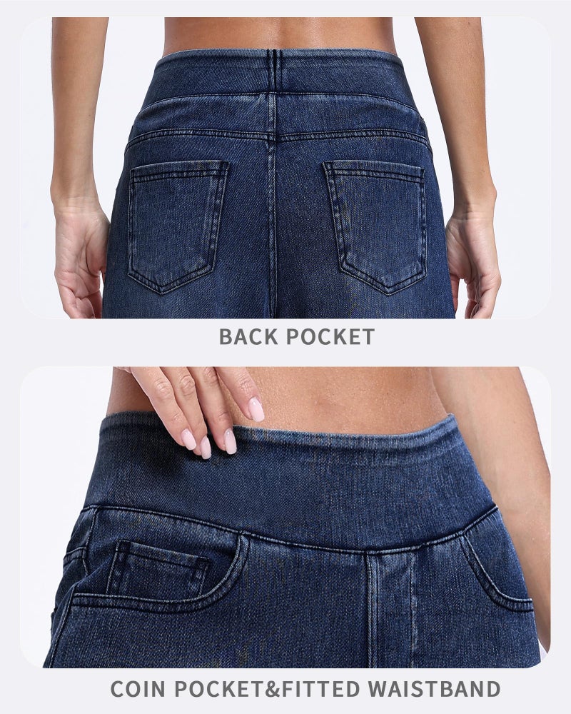 TONIRY Wide Leg Pull on Jeans for Women Petite High Waisted Straigh Leg Elastic Waist Jean Woman Tummy Control Stretchy Denim Pants 29 Inseam Good for Everyday Wear, Dark Blue, M - Image 5