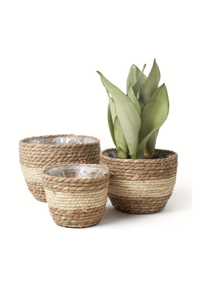 yongsheng Seagrass Planter Basket Indoor Outdoor, Flower Pots Cover, Plant Containers, Beige, Set Of 3 Flower Pots  - Image 1