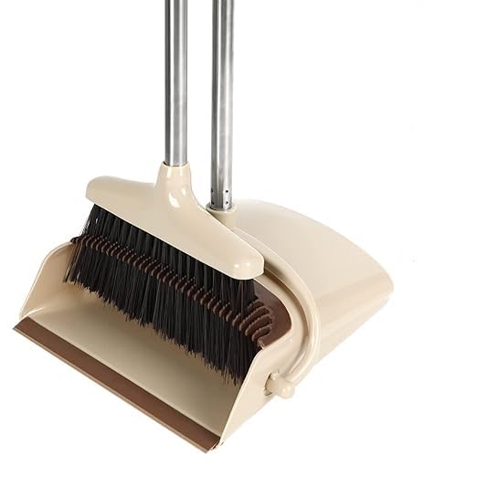 IMUU Large Broom and Dustpan Set Stainless Steel and Plastic Material Household Long Handle Broom with Dustpan Cleaning Steel Poles Upright SelfCleaning Sweeping Standing Set Use for Office Home