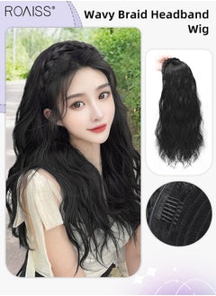 roaiss Wavy Braid Headband Wig for Women, Braided Hair Hoop with Long Synthetic Wavy Hairpiece Hair Accessories, Natural Black, 55cm (22 inch)  - Image 1