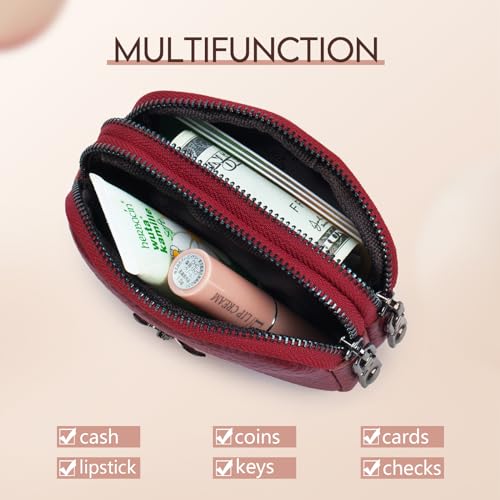 imeetu Women Leather Coin Purse, Small 2 Zippered Change Pouch Wallet(Red) - Image 2