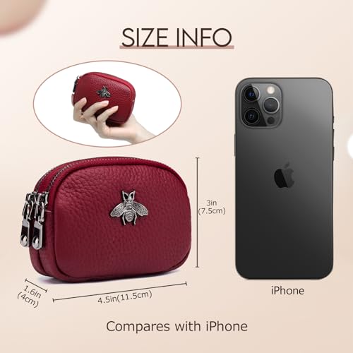 imeetu Women Leather Coin Purse, Small 2 Zippered Change Pouch Wallet(Red) - Image 3