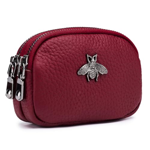 imeetu Women Leather Coin Purse, Small 2 Zippered Change Pouch Wallet(Red) - Image 1