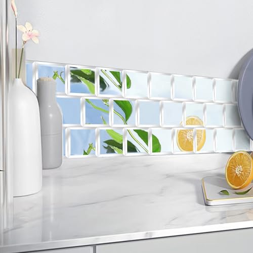 XIHACTY 32 Pcs Peel and Stick Beveled Mirror Glass Tile. 3x3 Inch Mirror Backsplash Tiles. Cute Mirror Strip Tile for Kitchen, Bathroom Wall. 32 Pcs - Image 3