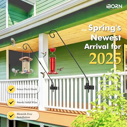 iBorn Fence Deck Hook Rail Heavy Duty Hummingbird Feeder Hanger 28 Inch Railing Hanging Hook for Bird Feeder, Suet Baskets, Planters, Wind Chimes, Solid Wire, 180 Degree Rotary, 1 Pack - Image 2