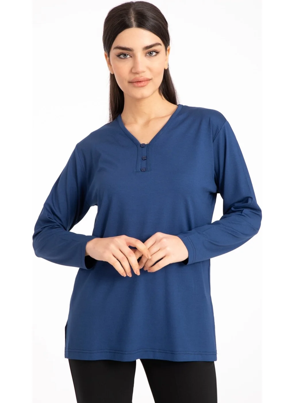 Mutlu City Women Middle Age and Above V Neck Lycra Viscose Mother Combed Cotton Blouse 140