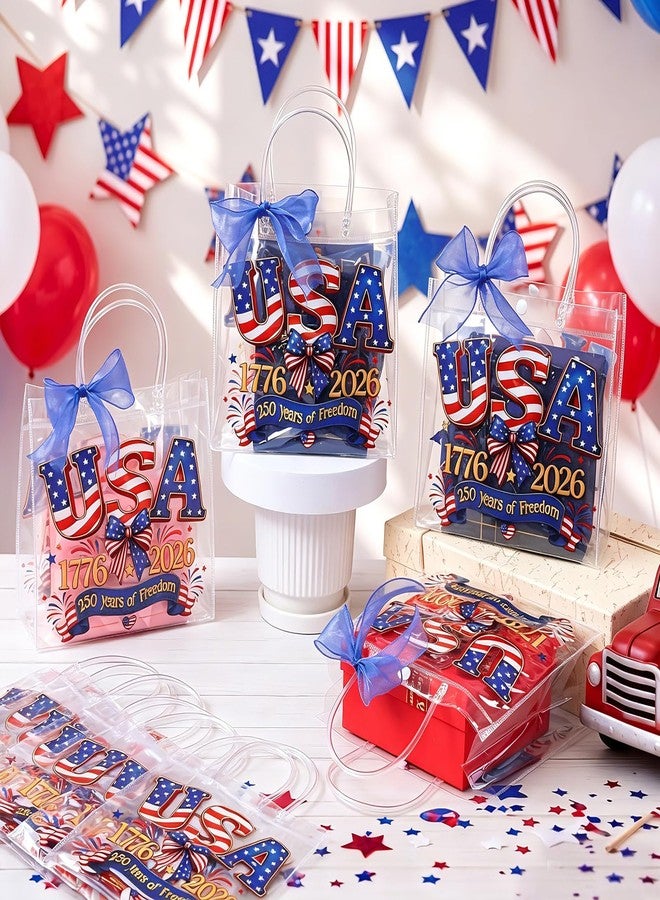 Zenoble 24 Pcs 250 Years Patriotic Gift Bags 4th of July Gift Bags Double-Sided Clear Pvc Goodie Snack Candy Treat Bag with Bow Ribbon for Independence Day Memorial Day Party Favors - Image 4