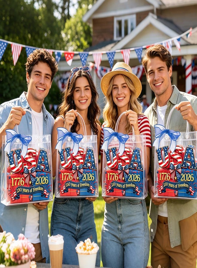 Zenoble 24 Pcs 250 Years Patriotic Gift Bags 4th of July Gift Bags Double-Sided Clear Pvc Goodie Snack Candy Treat Bag with Bow Ribbon for Independence Day Memorial Day Party Favors - Image 5