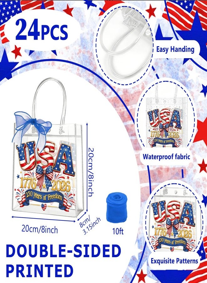 Zenoble 24 Pcs 250 Years Patriotic Gift Bags 4th of July Gift Bags Double-Sided Clear Pvc Goodie Snack Candy Treat Bag with Bow Ribbon for Independence Day Memorial Day Party Favors - Image 2