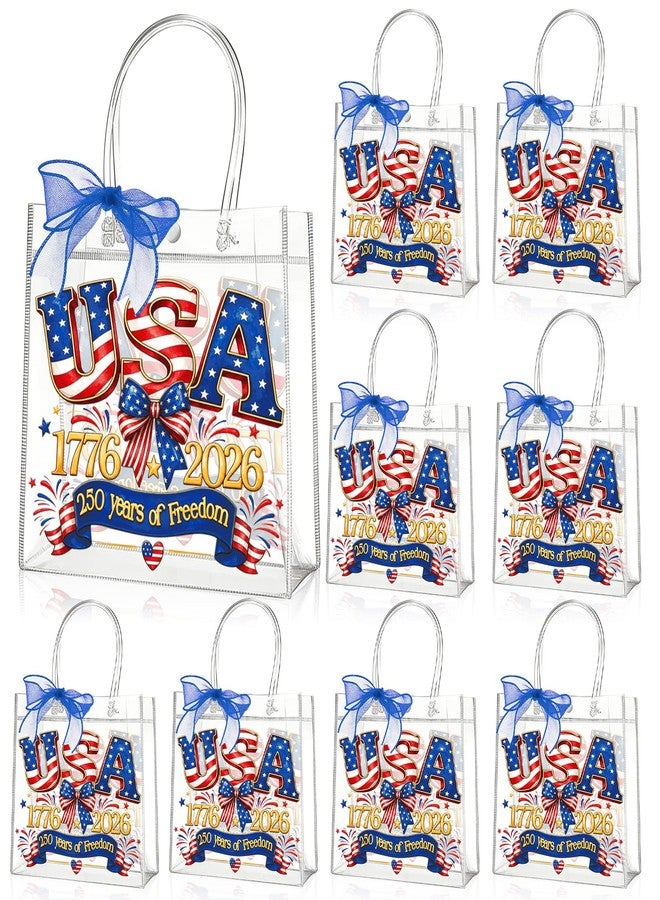 Zenoble 24 Pcs 250 Years Patriotic Gift Bags 4th of July Gift Bags Double-Sided Clear Pvc Goodie Snack Candy Treat Bag with Bow Ribbon for Independence Day Memorial Day Party Favors - Image 1