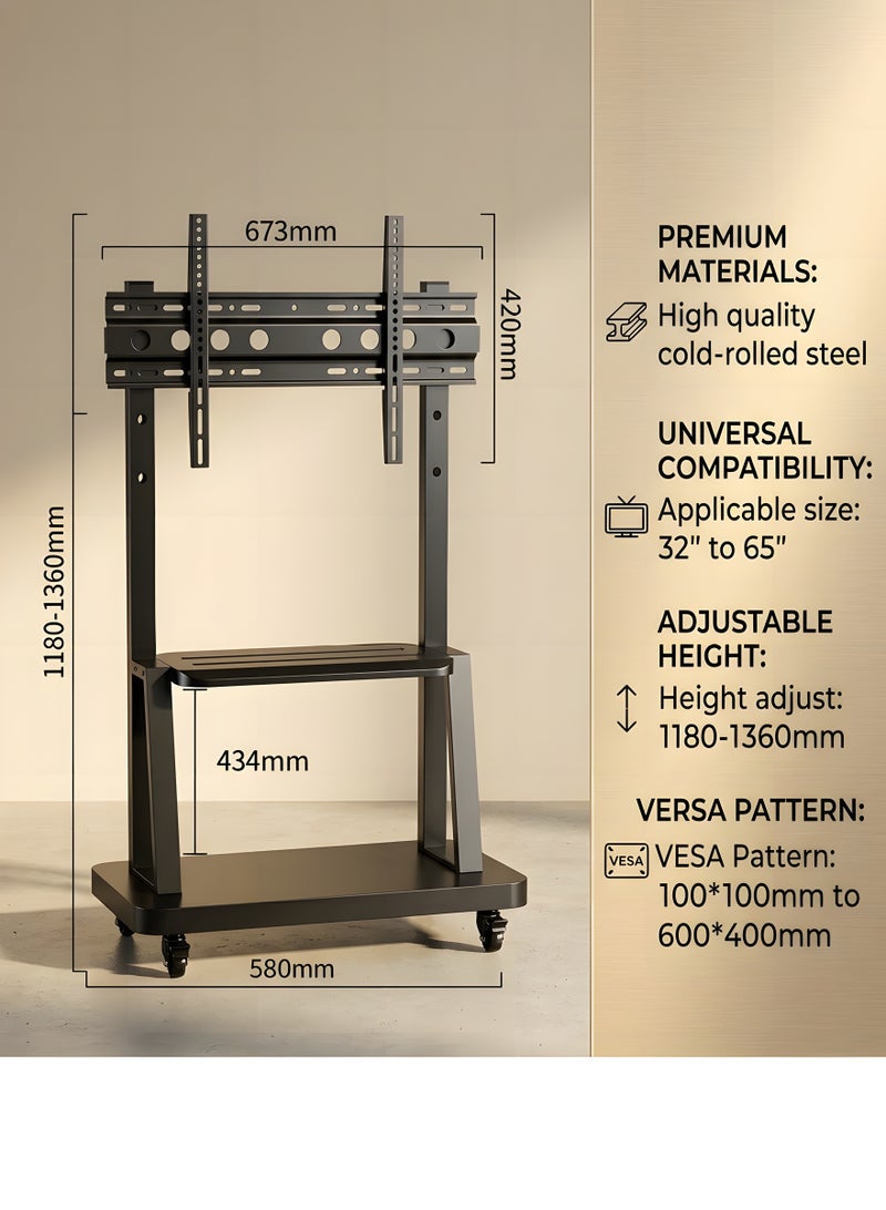 Beauenty Mobile TV Stand,Rolling TV Stand with Wheels for 32-65 Inch TV,Height Adjustable Floor Heavy-Duty TV Cart LCD LED OLED Flat Panel Screens Smartboard Holds up to 90lbs Portable TV Stand - Image 5