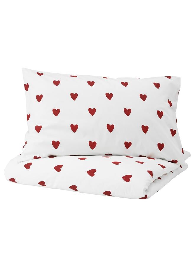 erorex Duvet cover and pillowcase, heart pattern/white red, 150x200/50x80 cm - Image 1