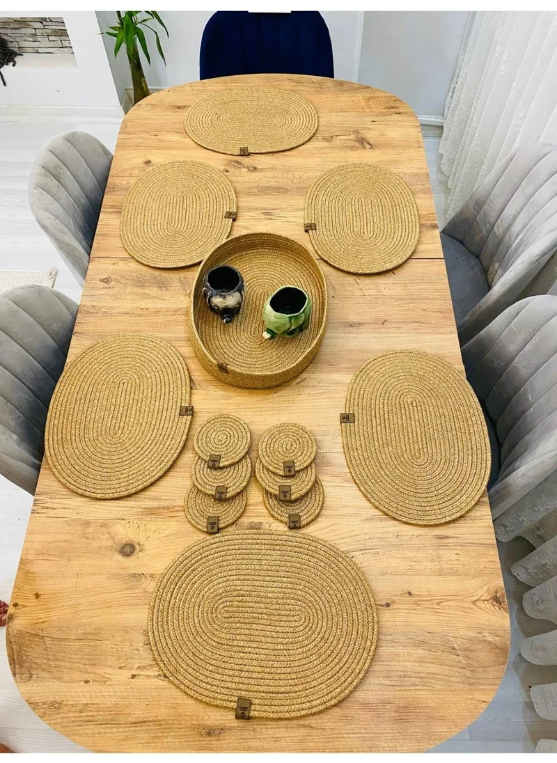BDZ Deri BDZ Leather Wicker Jute Presentation Plate Coaster American Service Oval Supla Coaster and Basket 13 Pieces