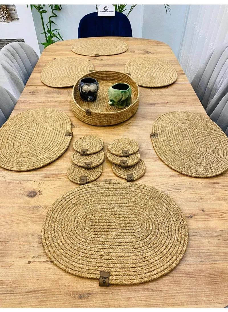 BDZ Deri BDZ Leather Wicker Jute Presentation Plate Coaster American Service Oval Supla Coaster and Basket 13 Pieces