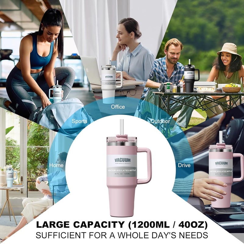 40oz Stainless Steel Tumbler with Handle & Straw - Insulated Travel Mug for Hot/Iced Drinks (Pink ) - Image 4