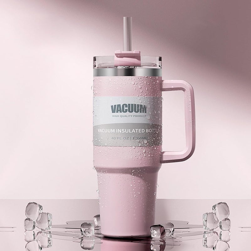 40oz Stainless Steel Tumbler with Handle & Straw - Insulated Travel Mug for Hot/Iced Drinks (Pink ) - Image 1