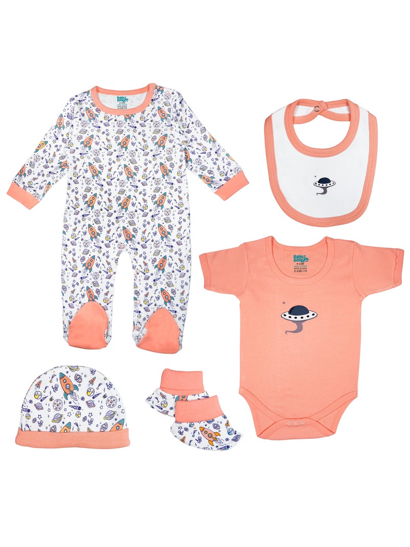 Babies Basic 5 piece Unisex 100% Cotton Sets include Bib, Romper, Mittens, Cap and Sleepsuit/Jumpsuit - Image 1