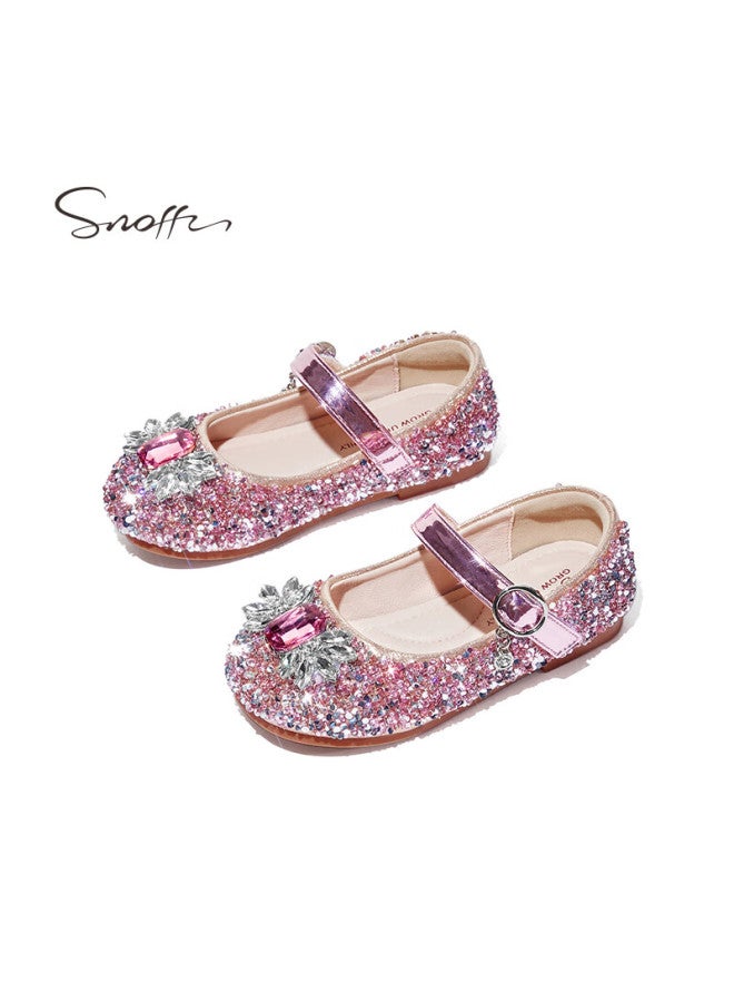 Snoffy Girls' Leather Shoes Spring And Autumn Elsa Princess Shoes Children's Crystal Shoes Big Kids Performance Shoes Soft Bottom Princess Pink Size 26 - Image 3