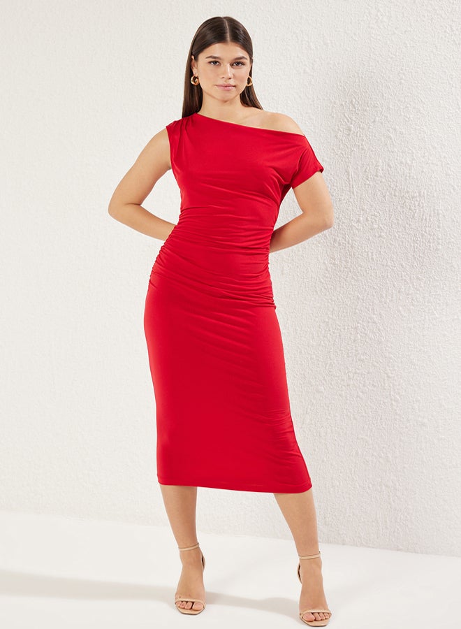 trendyol Red Fitted Bodycon Boat Neck Zero Sleeve Flexible Knitted Knit Midi Pencil Dress  - Image 1