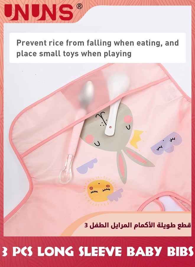 UNUNS Baby Bibs With Sleeves,3 Pack Waterproof Long Sleeve Bib,Kids Painting Bib,Cute Pattern Feeding Bibs,Unisex Smock Apron Set For Infant Toddler 6 Months To 3 Years,Multi-Color And Multi-Pattern - Image 2