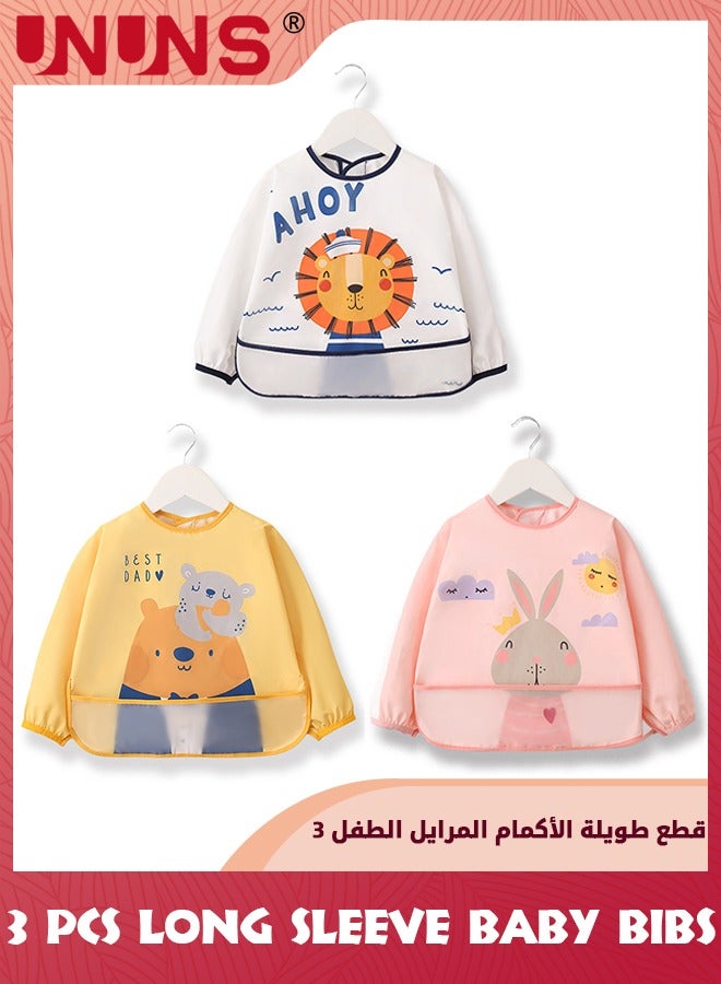 UNUNS Baby Bibs With Sleeves,3 Pack Waterproof Long Sleeve Bib,Kids Painting Bib,Cute Pattern Feeding Bibs,Unisex Smock Apron Set For Infant Toddler 6 Months To 3 Years,Multi-Color And Multi-Pattern - Image 1