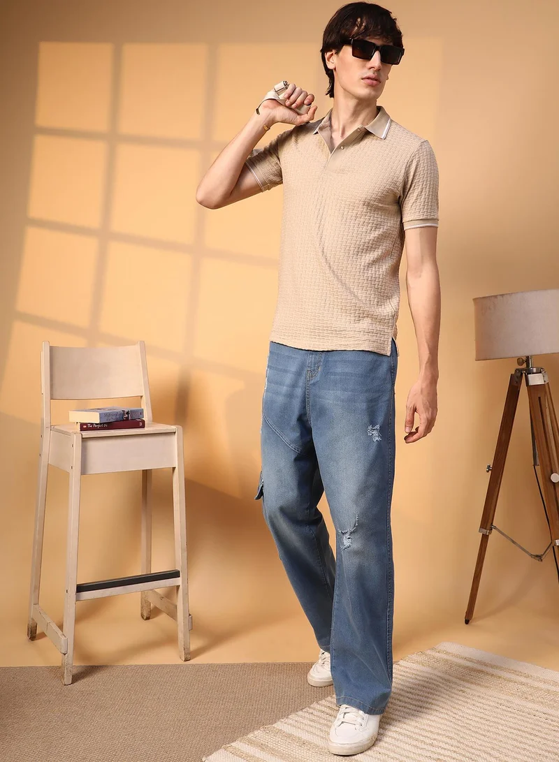 Campus Sutra Men's Saltbox Beige Interweave-Textured Polo T-Shirt