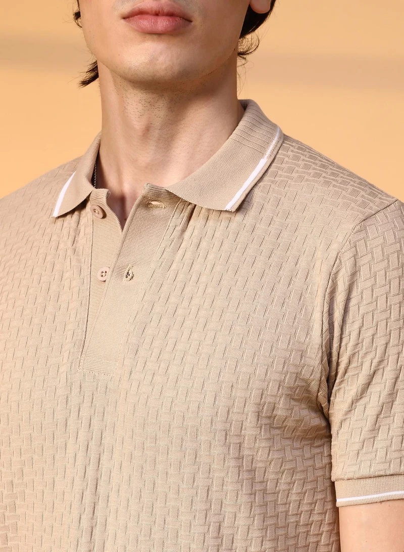 Campus Sutra Men's Saltbox Beige Interweave-Textured Polo T-Shirt