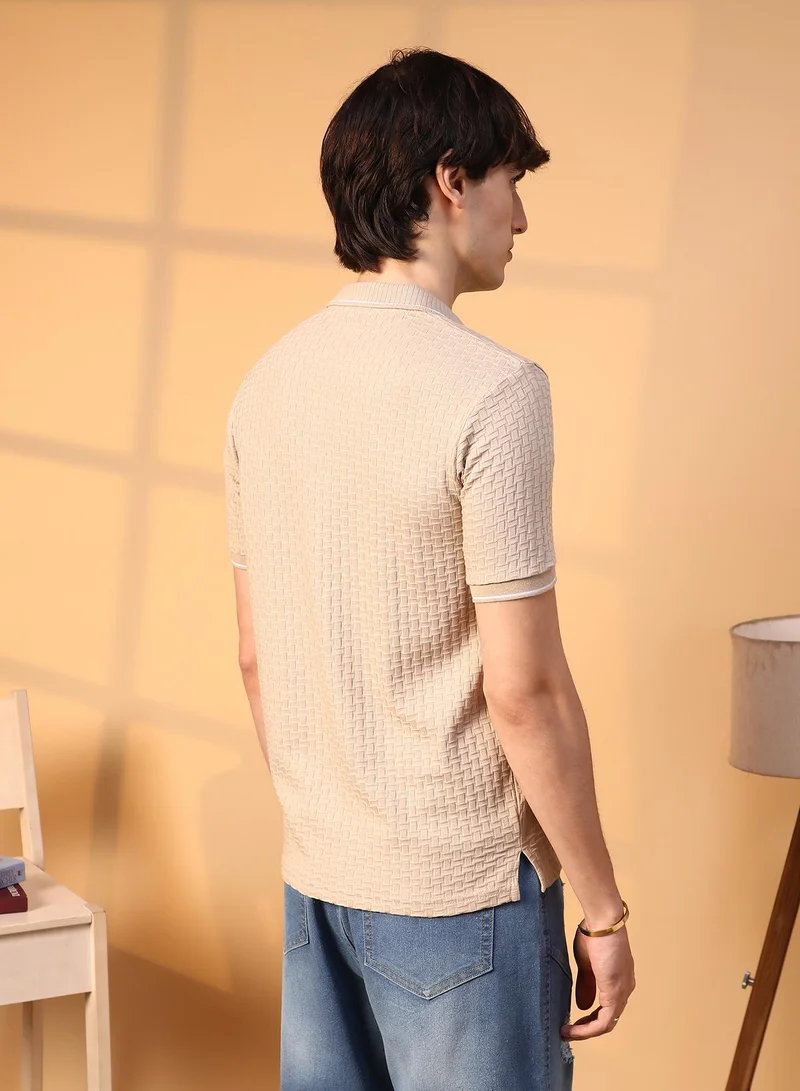 Campus Sutra Men's Saltbox Beige Interweave-Textured Polo T-Shirt