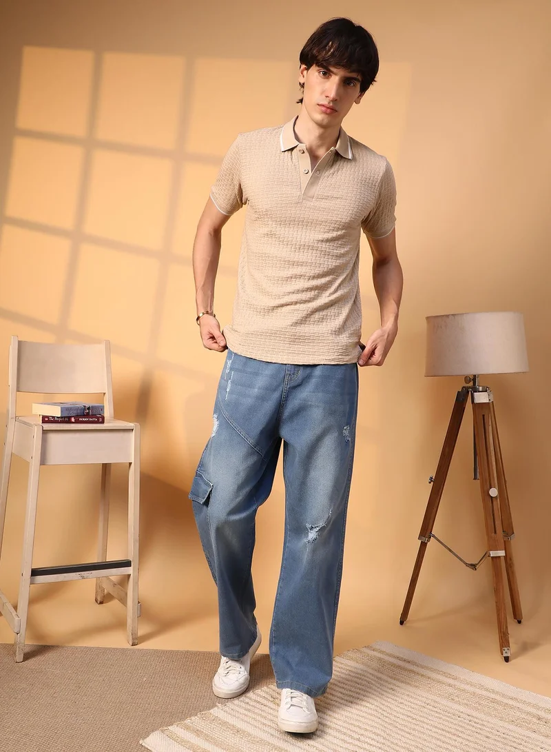 Campus Sutra Men's Saltbox Beige Interweave-Textured Polo T-Shirt