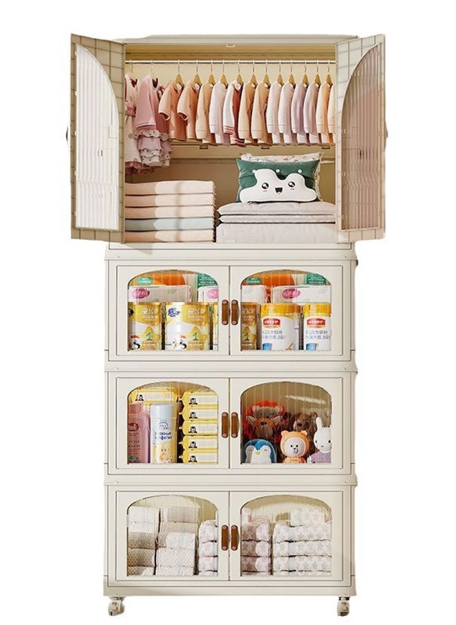 CityRiya-Long - Kids Wardrobe Baby Closet Storage Organizer Portable Children Clothes Cabinet Storage Rack Toddler Dresser with Hanging Rod and Wheels for Boys Girls Clothing Nursery Armoire White - Image 1