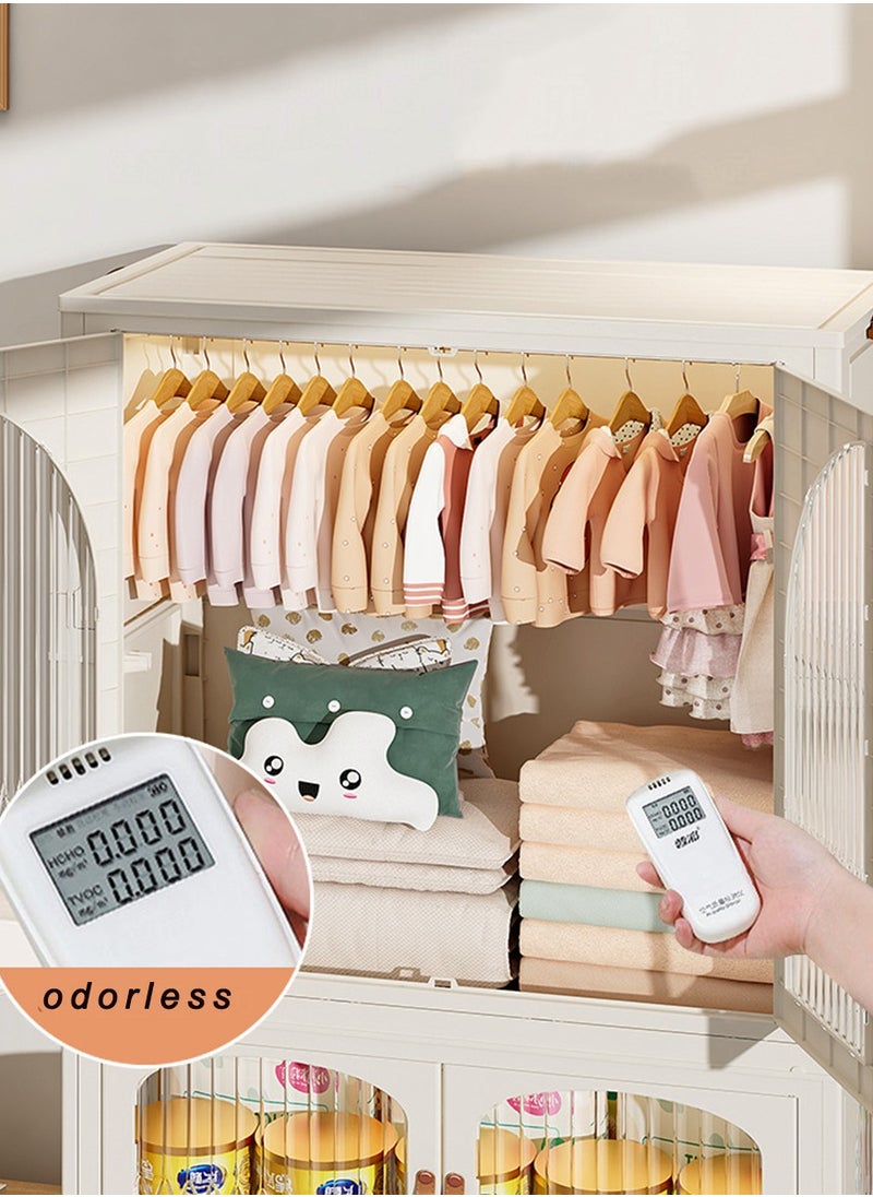 CityRiya-Long - Kids Wardrobe Baby Closet Storage Organizer Portable Children Clothes Cabinet Storage Rack Toddler Dresser with Hanging Rod and Wheels for Boys Girls Clothing Nursery Armoire White - Image 1