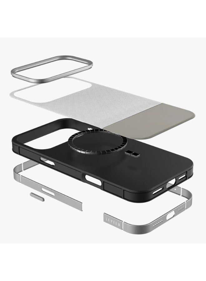 LEVELO iPhone 17 Pro MagSafe Case Cuir With Comfortable Grip & Premium PU Leather / Shock-Resistant Bumper / Aluminum Alloy Frame for Camera & Buttons / Strong Magnets - Silverstone - Image 2