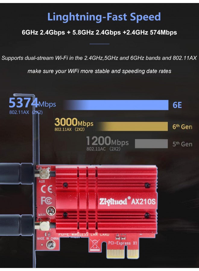 Ziyituod WiFi Card 5400Mbps PCIe WiFi 6E Card, Bluetooth 5.2, Intel WiFi 6E AX210 Chip, Tri-Bands(6GHz/5GHz/2.4GHz) Wireless WiFi 6 Card for PC, Support Windows 11/10(64Bit) - Image 3