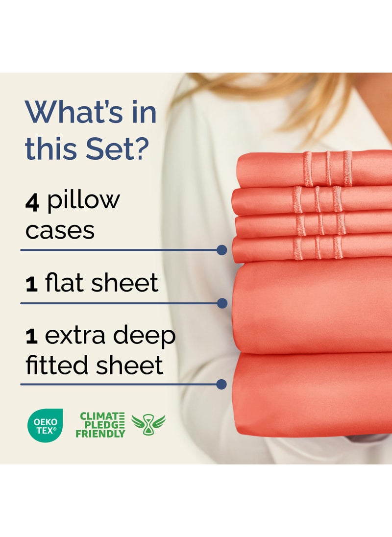 Extra Deep King Sheet Set - 6 Piece Breathable and Cooling Sheets - Hotel Luxury Bed Sheets Set - Easy & Secure Fit - Soft  Wrinkle Free and Comfy Sheets Set - Coral Sheet Set with Extra Deep Pockets