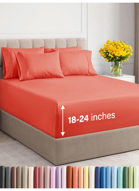 Extra Deep King Sheet Set - 6 Piece Breathable and Cooling Sheets - Hotel Luxury Bed Sheets Set - Easy & Secure Fit - Soft  Wrinkle Free and Comfy Sheets Set - Coral Sheet Set with Extra Deep Pockets