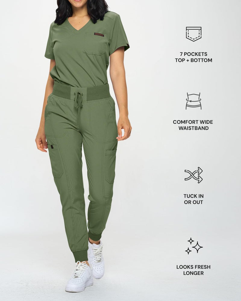 Monarch Uniforms Slim Fit Stretchy Scrubs Women's Jogger Scrub Set Slim Jogger Scrubs with Tuck-In Top for Women (OLIVE-M) - Image 3