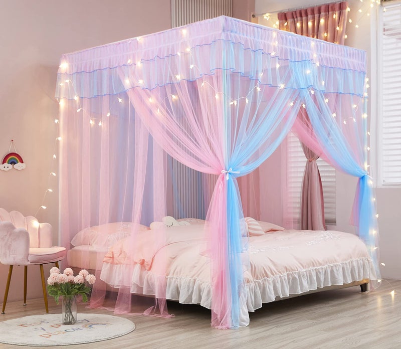 Mengersi Rainbow Canopy Bed Curtains with Lights - Princess Bed Canopy for Girls - Bed Drapes Netting- Bedroom Decoration Accessories,Twin - Image 3
