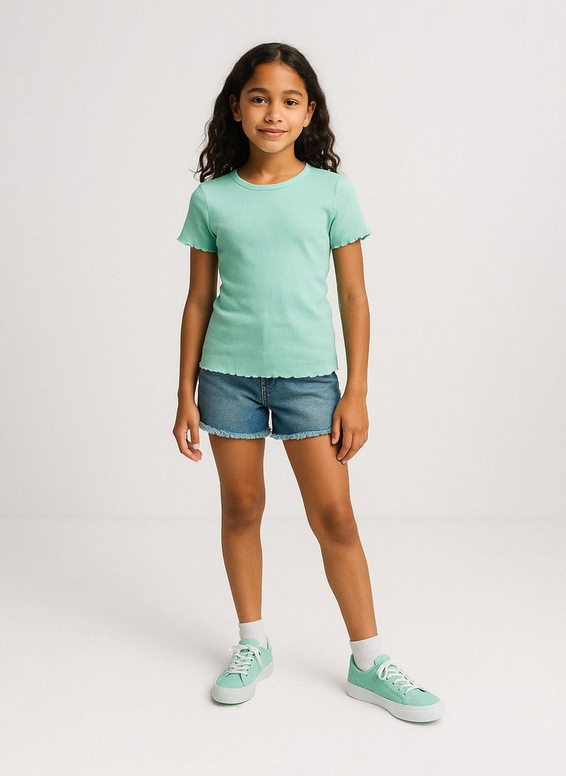 مينوتي تيشيرت مضلع للمراهقات بقصة ضيقة - Image 1