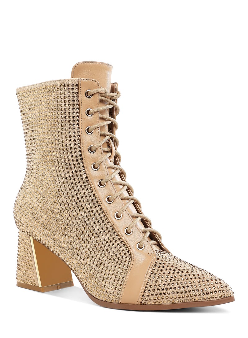 London Rag Rhinestone Embellished Ankle Boots in Beige - Image 3